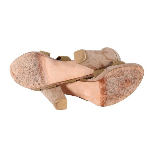 Stuart Weitzman Women 9.5M Beige Sandals Elastic Straps Suede Open Toe Heel Pump - Picture 7 of 8